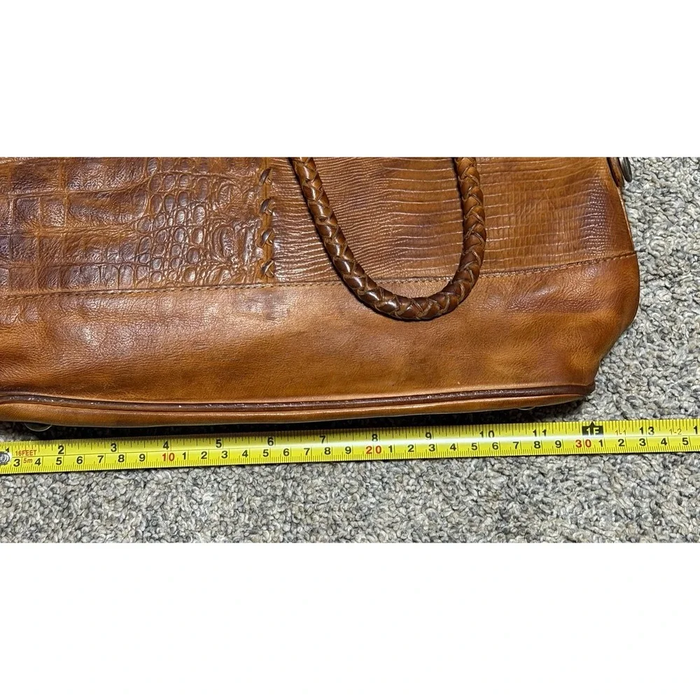Vintage Fossil Brown Genuine Leather Croc Embossed Dome Handbag Braided Handles